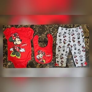 Red Minnie Mouse Baby Bodysuit, Pant & Bib Set